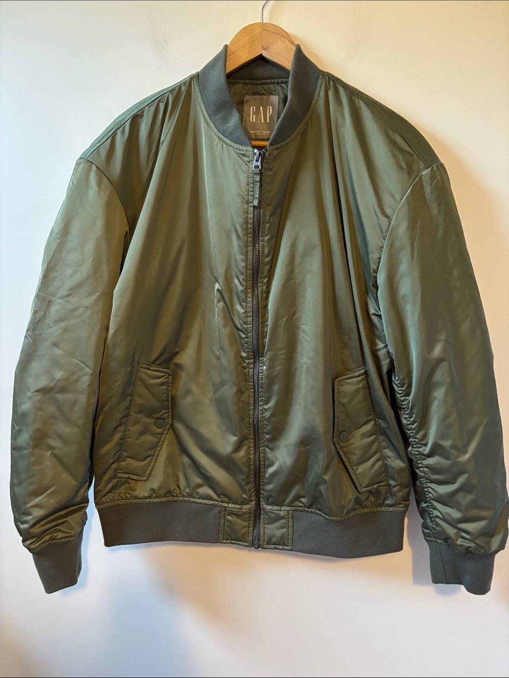 GAP Men's Olive Green Bomber Jacket with Ribbed Trim